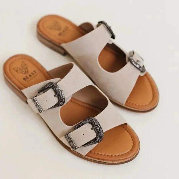New! Tan Suede Western Buckle Slip On Slide Sandals in Sand - Picture 2 of 8